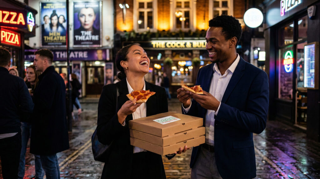 Friends enjoying late-night pizza in Soho after a show, takeaway box with ICCO logo.