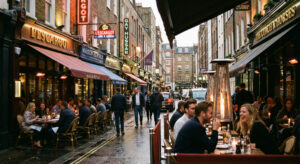Greek Street Soho with busy restaurants and vibrant London atmosphere