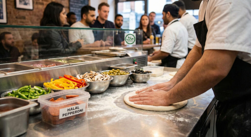 Halal pizza preparation at ICCO Pizza in Soho London