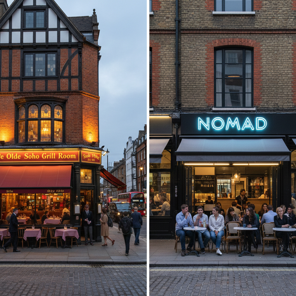 Old and modern restaurants side by side on Greek Street in Soho