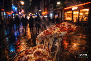 Late-night food in Soho after midnight with a hot pepperoni pizza slice and neon-lit street atmosphere, ICCO Pizza branding.