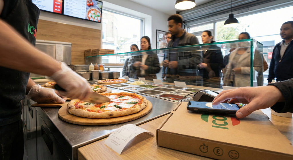 Fast affordable late-night pizza service in Soho with ICCO-branded pizza box and freshly sliced pizza.