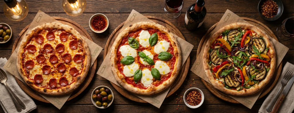 Late-night pizza choices in Soho: Margherita, Pepperoni, and vegan veggie style, presented with subtle ICCO branding
