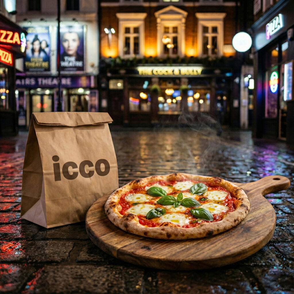 Quality late-night food in Soho compared to generic fast food, with fresh pizza and subtle ICCO branding.