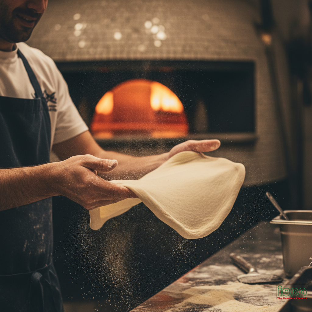 Fresh thin crust pizza prepared in Soho before theatre