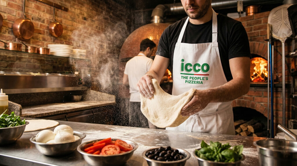 Fresh pizza dough being prepared at ICCO Soho pizzeria.