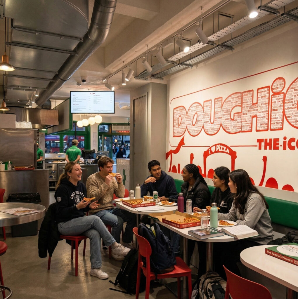 University students eating affordable pizza at ICCO Soho London.