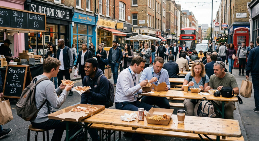 Students, locals and tourists enjoying affordable food in Soho London.