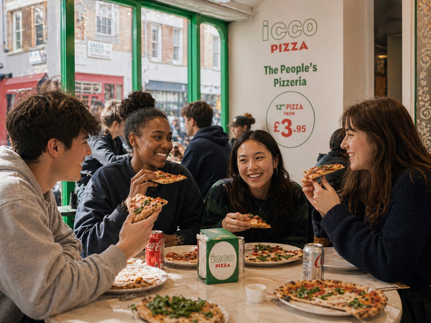 students enjoying affordable pizza at ICCO