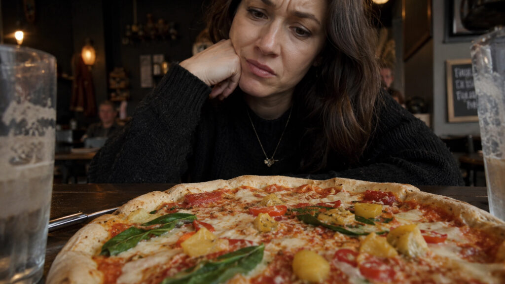 Example of poorly made vegan pizza with dry crust and unmelted vegan cheese