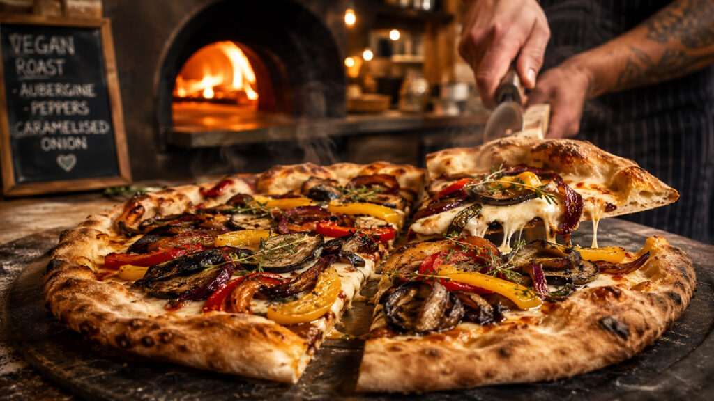 Perfect vegan pizza with melted vegan cheese and roasted vegetables in Soho