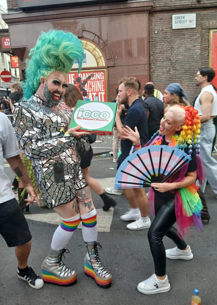 Group of people enjoying ICCO's vegan pizza together in Soho London